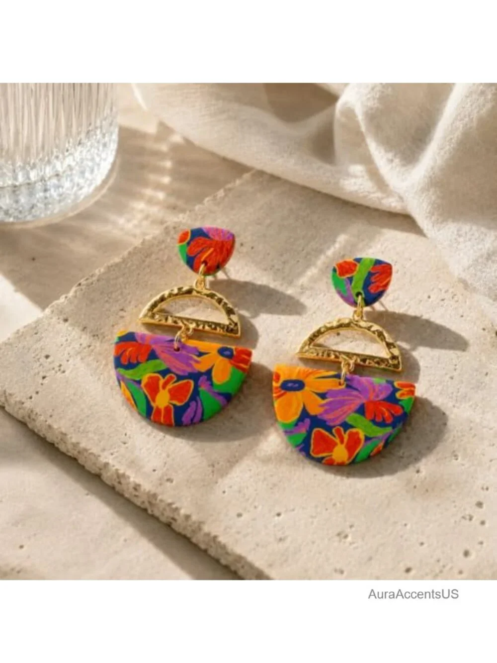 Boho Gold-Tone Clay Dangle Earrings, Floral Statement Jewelry